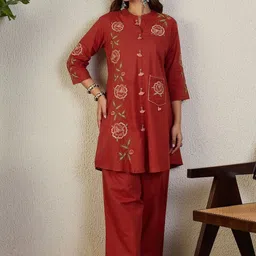 Indo Era Floral Embroidered Pure Cotton Tunic & Trousers Co-Ord Set-picture-12