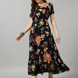 Raiyani Fashion Floral Printed Round Neck Gathered Or Pleated Casual A-Line Maxi Dress-image-37