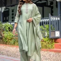 SWEETPEL Floral Embroidered Mandarin Collar Thread Work Kurta With Trousers & Dupatta image 5