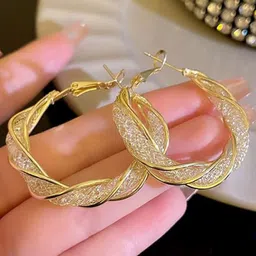 PolluxCraft Gold-Plated Artificial Stones Studded Contemporary Korean Hoop Earrings image 5