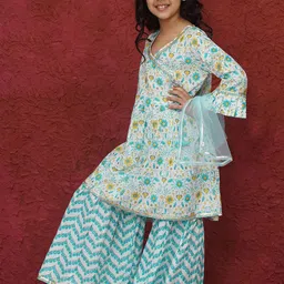 Aj DEZInES Girls Floral Printed Gotta Patti Pure Cotton Kurti with Sharara & Dupatta image 2