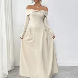 HERE&NOW Women Solid Off-Shoulder A-Line Maxi Dress-picture-12