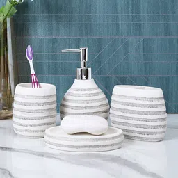 Myntra Elegant Homes White & White 4 piece Textured Resin Bath Accessories Set-image-73