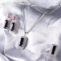 KAYRAH Women Pink & Black Stone Studded Pendant Chain with Earrings & Finger Ring-picture-26