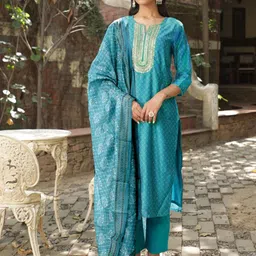 Anouk Women Ethnic Motifs Embroidered Regular Mirror Work Chanderi Silk Kurta with Trousers & With Dupatta-picture-16