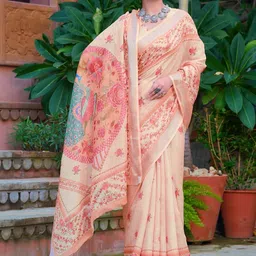 ZILVIRA Women Pure Linen Floral Printed Zari Block Print Saree-image-98