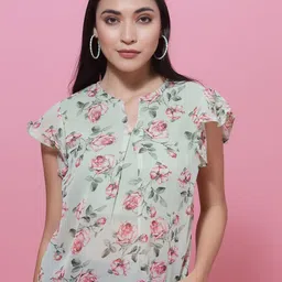 Chemistry Floral Print Keyhole Neck Flutter Sleeve Georgette Top-picture-31