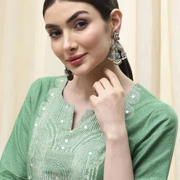 Biba Brass Plated Artificial Stones and Beads Studded Fish Shaped Antique Jhumkas Earrings image 2