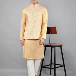 Manish Creations Mandarin Collar Straight Kurta With Churidar And Nehru Jacket image 2