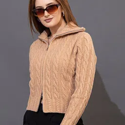 GFO Women Woollen High Neck Cable Knit Zipper Long Sleeves Cardigan-image-89