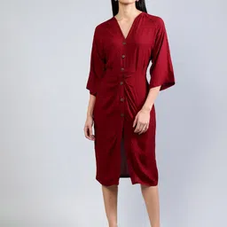 ENTELLUS Women Flared Sleeves Cotton Midi Sheath Dress-picture-29