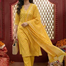 OZIA Women Printed Regular Thread Work Pure Cotton Kurta with Trousers & With Dupatta-picture-23