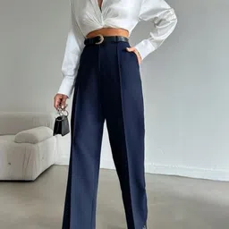 Next One Women Smart Straight Fit High-Rise Easy Wash Pleated Trousers image 5