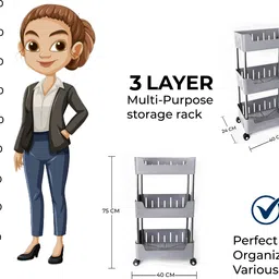dm plus Multi-Purpose Plastic Storage Organizer 3-Tier Rack with Wheel Bathroom & Office Plastic Kitchen Trolley image 2