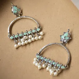 NAMAN ARTS Silver Plated Pearls Beaded Geometric Drop Earrings-picture-12
