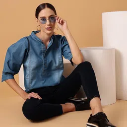 street9 Casual Regular Sleeves Solid Women Dark Blue Top image 2
