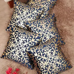 HOSTA HOMES Blue & Gold-Toned Set of 5 Ethnic Motifs Velvet Square Cushion Covers-picture-19