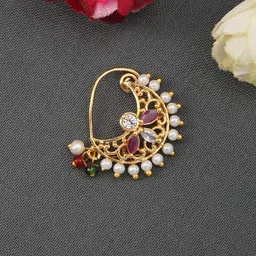 Anouk Gold-Plated American Diamond Studded And Pearls Beaded Septum Nosepin image 1