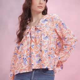 DressBerry Printed Tie-Up Neck Puff Sleeve Top-image-2