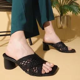 Kneetoes Women Black Crochet Criss-Cross Block Heels-picture-35