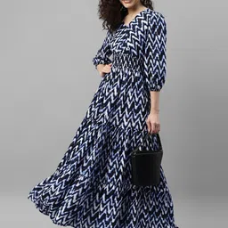 Krunal Raiyani Women Chevron Printed Tiered Smocked Crepe Fit & Flare Maxi Dress-image-94