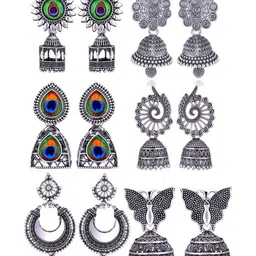 Sangria Set Of 6 Silver Plated Oxidized Jhumka Earrings-picture-10