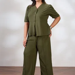 Globus Gloplus V-Neck Puff Sleeves Solid Plus Size Top & Trousers Workwear Co-Ord Set image 5