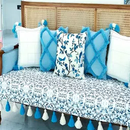 THROWPILLOW Blue & White Printed Anti Slip Tassels Sofa Cover-image-30