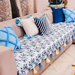 THROWPILLOW Blue & White Printed Anti Slip Tassels 4 Seater Sofa Cover-picture-32
