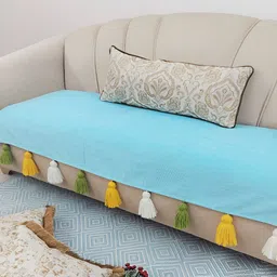 THROWPILLOW Turquoise Blue & Yellow Anti Slip Tassels 4 Seater Sofa Cover-image-57