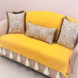 THROWPILLOW Yellow & White Anti Slip Tassels 4 Seater Sofa Cover-picture-19
