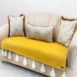 THROWPILLOW Yellow & White Anti Slip Tassels 4 Seater Sofa Cover-picture-20