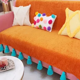 THROWPILLOW Orange & Turquoise Blue Anti Slip Tassels 4 Seater Sofa Cover-image-74