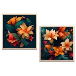 Kotart Teal & Orange 2 Pieces Floral Wooden Wall Arts-picture-1