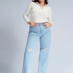 FREAKINS Women Straight Fit High-Rise Slash Knee Heavy Fade Jeans-image-16