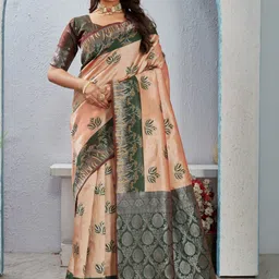 SATYAM WEAVES Ethnic Motifs Zari Banarasi Saree with Unstitched Blouse Piece-image-14