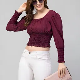 MON FASHION COLLECTION Puff Sleeves Crepe Crop Top image 2