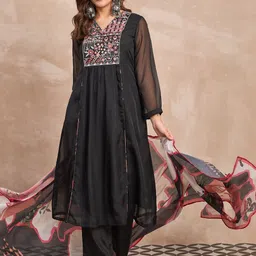 Anouk Embroidered Empire V-Neck Thread Work A-Line Kurta With Trousers & Dupatta-picture-16