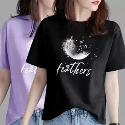 Pack of 2 Women Printed Round Neck Cotton Blend Black, Purple T-Shirt-image-0