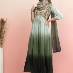 KALINI Women Ethnic Motifs Yoke Design Regular Thread Work Kurta with Trousers & With Dupatta image 4