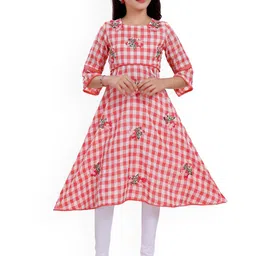MASTARANG Girls Checked Thread Work Pure Cotton A-Line Kurta With Leggings-picture-8