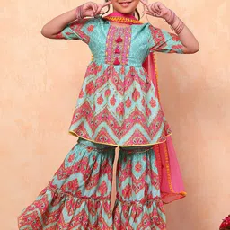 Biba Girls Floral Printed Angrakha Pure Cotton Kurta with Sharara & With Dupatta-picture-16