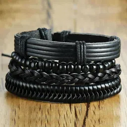 MEENAZ Men Set Of 4 Silver-Plated Artificial Beaded Leather Tribal Multistrand Bracelets-picture-10