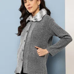 Aarika Faux Fur Trim Self Striped Cardigan image 4