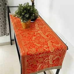 Pink Parrot Orange Colored & Brown Ethnic Motifs Jacquard Silk Table Runner-picture-17