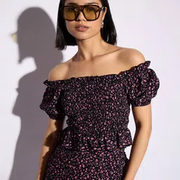 CORSICA Floral Print Off-Shoulder Smocked Bardot Crop Top-picture-29
