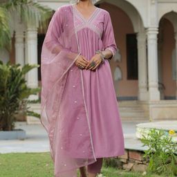 HouseOfCommon Floral Yoke Design Sequnnied Anarkali Kurta With Trousers & Dupatta-image-56