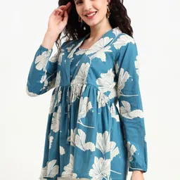 Divena Floral Printed Gathered Lapel Collar Cotton Empire Top image 2