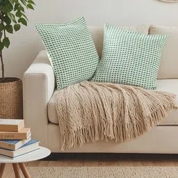 House This Girnar Green & Off White 2 Pieces Checked Textured Cotton Square Cushion Covers-image-8