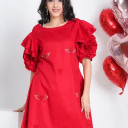 Pearls and Pastels Women Heart Embroidered Flutter Sleeves Pure Cotton A-Line Mini Dress image 2